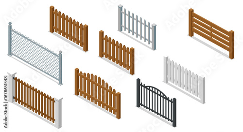 Diverse fence designs in isometric style featuring wooden, metal, and picket fences