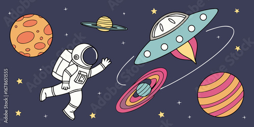 An astronaut exploring vibrant outer space, interacting with a colorful unidentified flying object and distant planets.