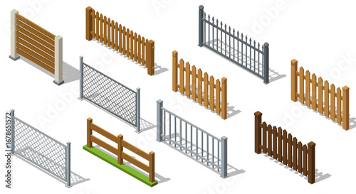Isometric fences collection: diverse wooden, metal and wire style designs