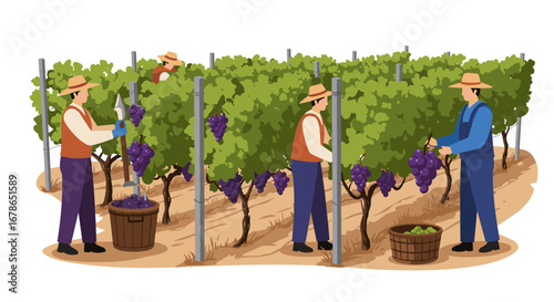 Grape harvesting in vineyard: farmers gathering grapes with care and precision