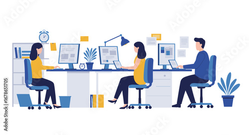 Modern office teamwork scene with laptops and desks in flat style