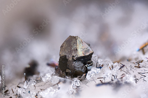 Arsenopyrite on fluorite and quartz. Specimen from Clara mine, Oberwolfach, Germany. Micro photography extreme close-up. microscope mineral crystal photography for Scientific use