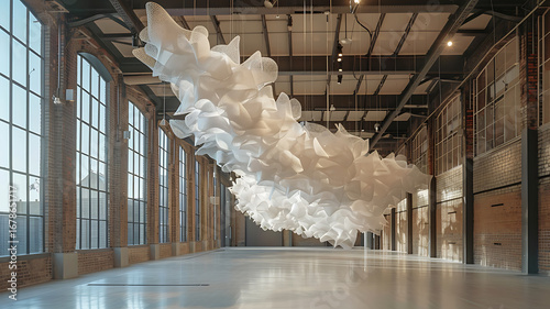 Modern art installation: Expansive white sculpture suspended within an industrial space with large windows.