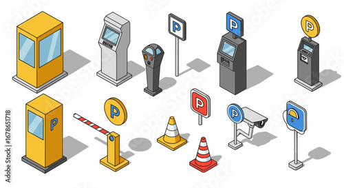 Parking equipment icons in isometric perspective: booths, meters, and signs
