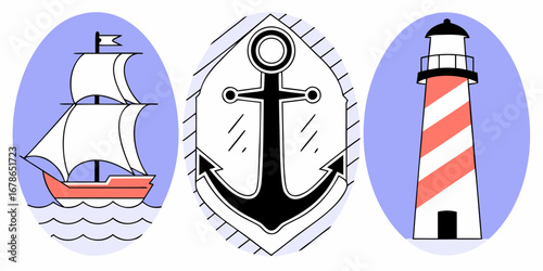 Illustration featuring a classic sailing ship, an anchor, and a striped lighthouse against a pastel background.