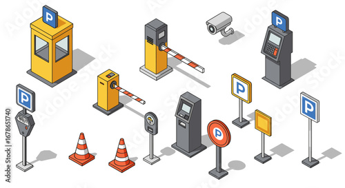 Isometric parking elements: booths, barriers, signs, and equipment for modern parking systems