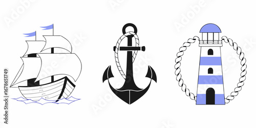 Set of minimalist nautical icons featuring a sailing vessel, anchor, and beacon in blue and black tones.