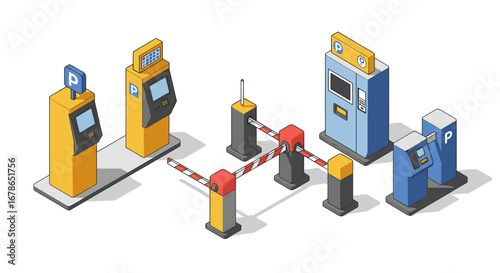 Isometric parking equipment including payment machines and barriers