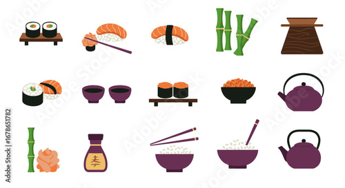 Traditional japanese cuisine icons: sushi, sashimi, and tea elements