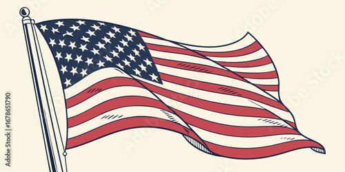 Vintage illustration of an American flag waving in the wind with a textured background.