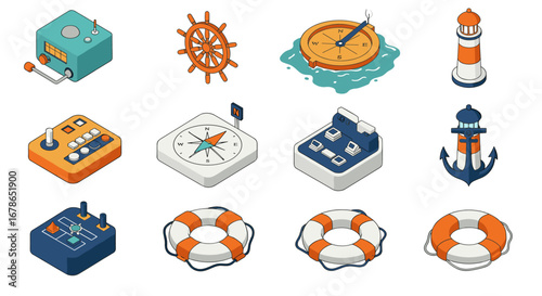 Nautical icons collection with 3d maritime elements including compass and life buoy