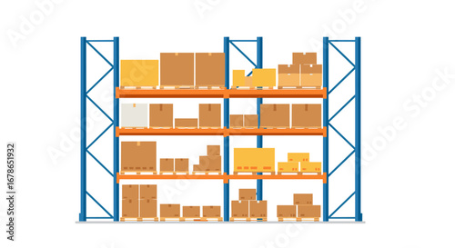 Warehouse inventory shelves with cardboard boxes in flat design