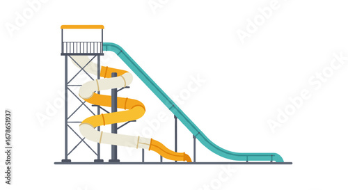 Colorful water slide with spiral and straight sections on white background