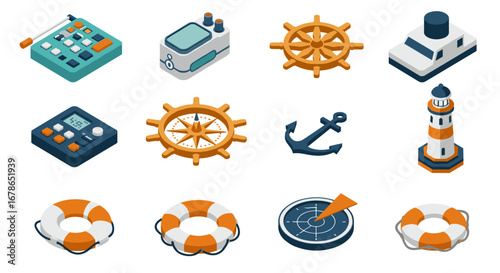 Isometric nautical equipment icons set: steering wheels, anchors, and more