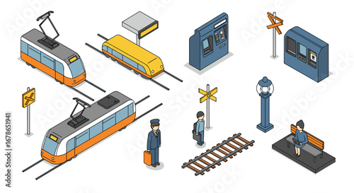 Isometric urban transport scene with trams and commuters