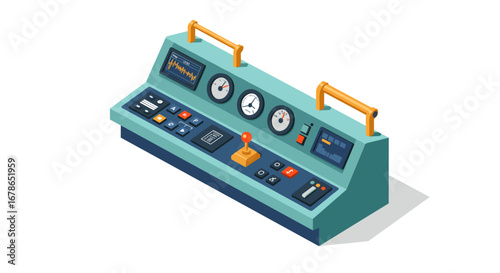 Isometric control panel with dials and buttons for industrial equipment design
