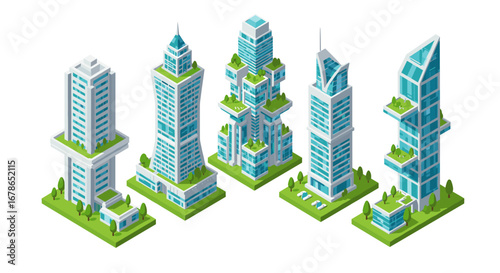 Futuristic isometric skyscrapers with green roofs and gardens in urban setting