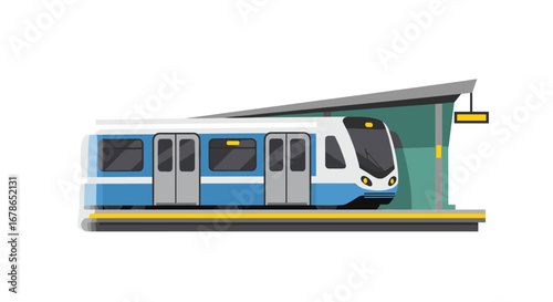 Modern urban train at a minimalist station platform with green backdrop