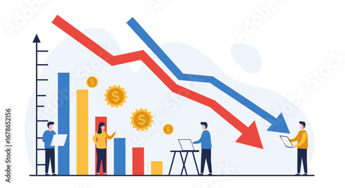 Economic downturn analysis with charts and arrows in modern flat design