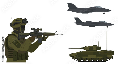 Military equipment silhouette: soldier, fighter jets, and tank