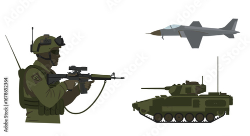 Military equipment in action: soldier, jet, and tank in flat design