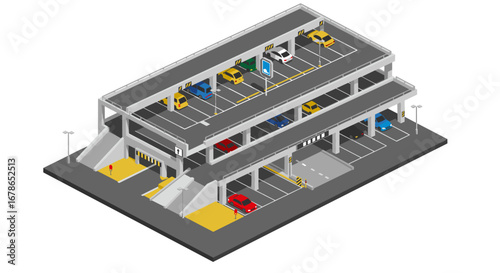 Modern isometric multi-level parking garage with cars and charging station