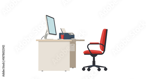 Modern office workspace with desk, computer, printer, and red chair