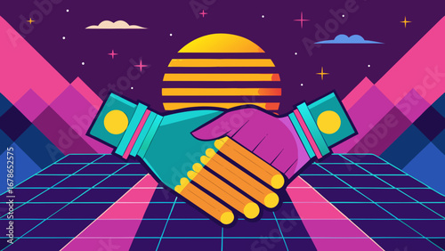 Handshake between human and robot in vibrant retrofuturistic landscape with sunset and grid