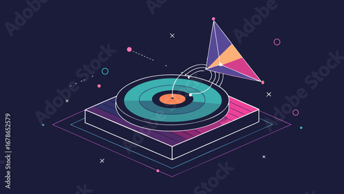 Futuristic turntable with geometric stylus in retrofuturistic minimal style on dark background