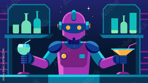 Robot bartender serving drinks in retrofuturistic minimal style with neon colors