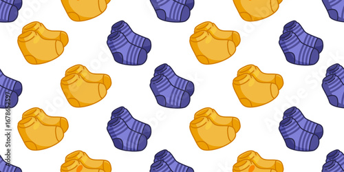 Seamless Cartoon Colorful Socks Pattern. Yellow and blue socks in cartoon flat style. Seamless cozy clothing illustration on white background.