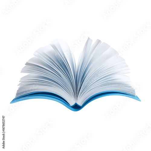 Open book with crisp white pages and a bright blue cover, symbolizing knowledge and imagination.
