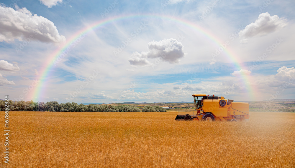 Fototapeta premium Combine harvester harvesting wheat field with amazing rainbow 
