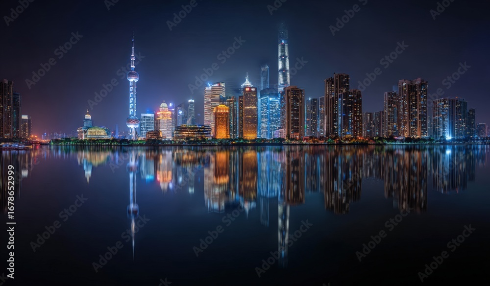 Fototapeta premium Panoramic view of a city skyline at night, reflected in a calm river