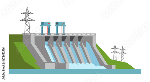 Isometric design of hydroelectric dam with flowing water and turbines