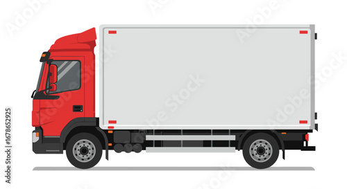 Detailed side view of red cargo truck on white background