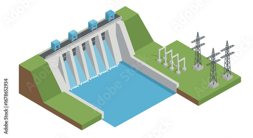 Hydroelectric dam with power lines in isometric design for renewable energy concepts