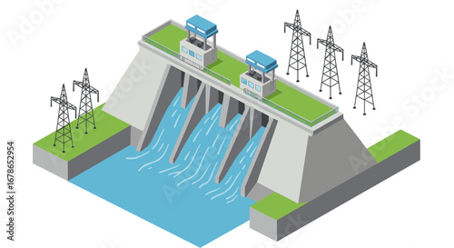 Isometric hydroelectric dam with power lines and flowing water