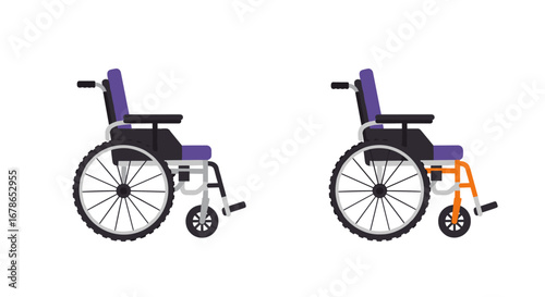 Modern flat design set of wheelchairs: front and side view for accessibility concepts