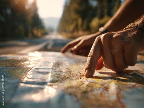 Two hands navigating a map on an outdoor road at sunset.