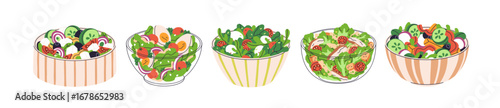 Fresh salad bowls set. Healthy food with vegetables, greens. Vitamin dishes with lettuce, tomato, olive, chicken and egg. Light diet nutrition. Flat vector illustration isolated on white background