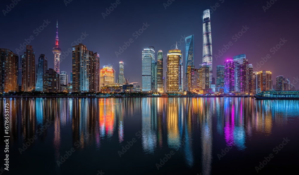 Fototapeta premium Panoramic view of a city skyline at night, reflected in the water (1)