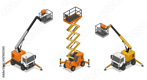 Isometric construction lifts: boom trucks and scissor lift illustrations