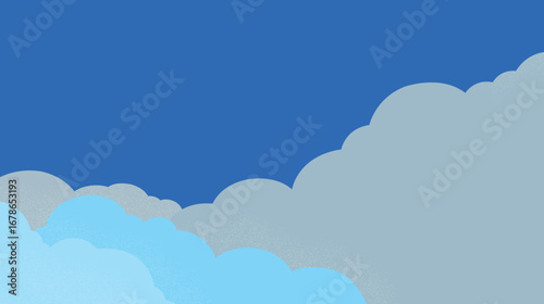 Minimalistic vector art of stylized, layered clouds in shades of blue and gray against a clear blue sky. Features a subtle stippled texture, creating a serene, modern scene.