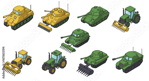 Isometric military tanks and agricultural tractors collection