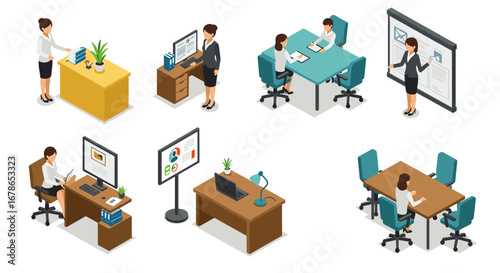Modern office isometric design with professionals in various work scenarios