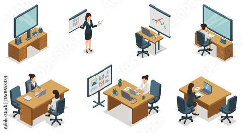 Modern office isometric set with employees working at desks and presenting business data