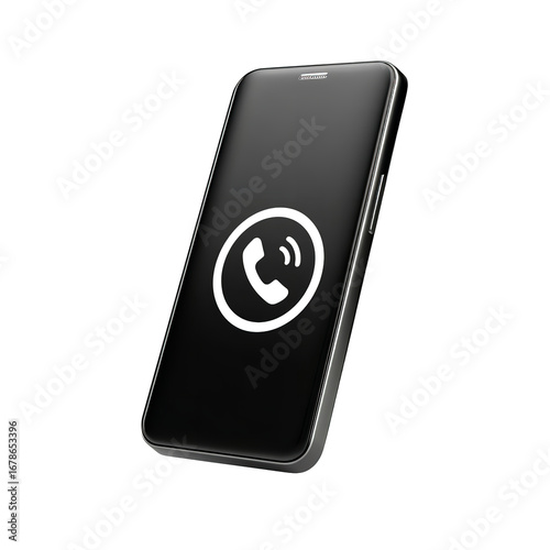 Modern smartphone displaying an incoming call icon with sound waves, isolated on white background.