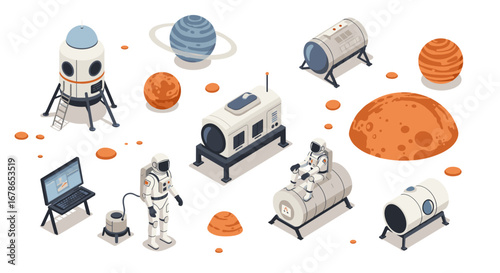 Isometric space exploration: astronauts and futuristic equipment for lunar missions