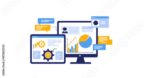 Data analytics concept with interactive charts and graphs on digital screens